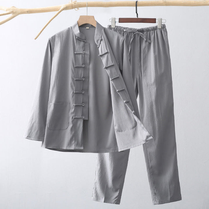 Buddha Stones 2-teiliger Tang-Anzug, traditioneller Froschknopf, Herren-Langarmshirt und Hose, Kleidungsset - Grau - US/ UK/AU44，EU54 (4XL) - image 8