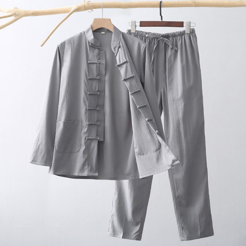 Buddha Stones 2-teiliger Tang-Anzug, traditioneller Froschknopf, Herren-Langarmshirt und Hose, Kleidungsset - Grau - US/UK/AU44, EU54 (4XL) - image 8