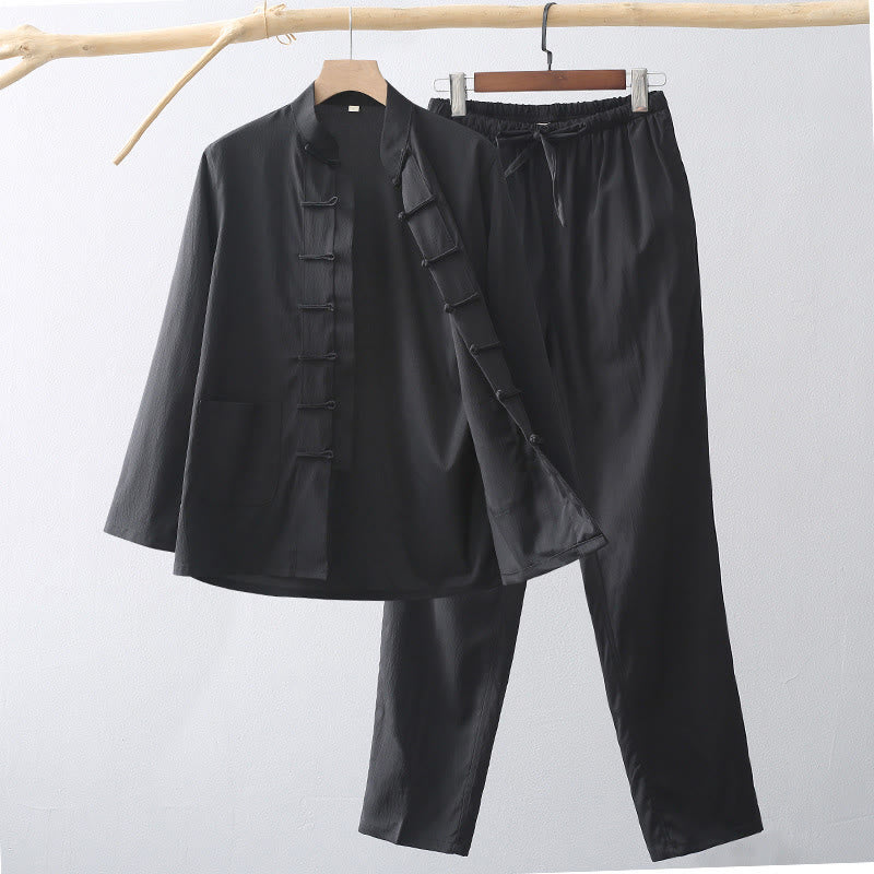 Buddha Stones 2-teiliger Tang-Anzug, traditioneller Froschknopf, Herren-Langarmshirt und Hose, Kleidungsset - Schwarz - US/ UK/AU44，EU54 (4XL) - image 10