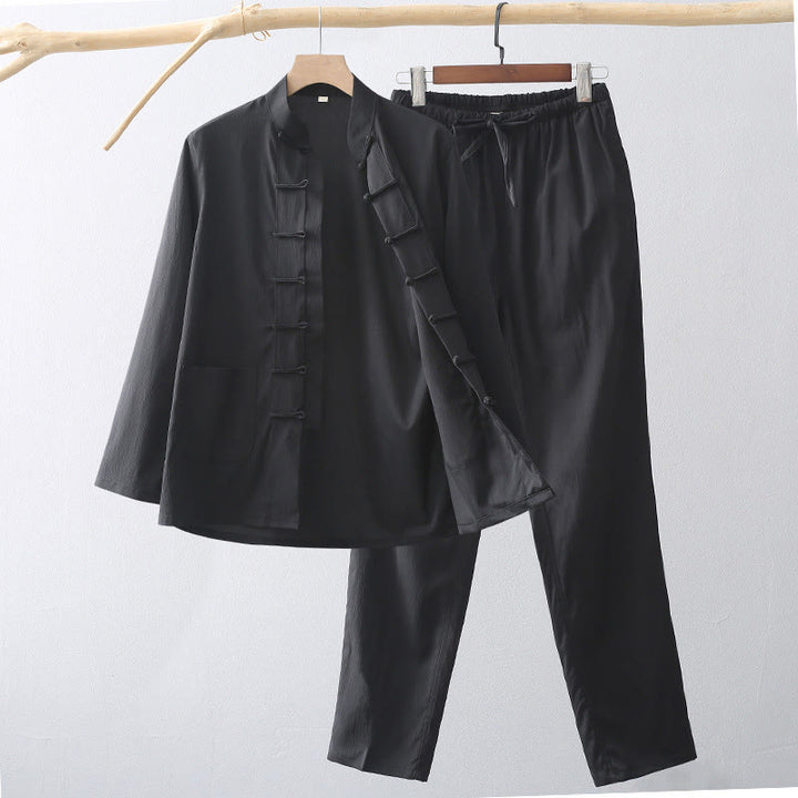 Buddha Stones 2-teiliger Tang-Anzug, traditioneller Froschknopf, Herren-Langarmshirt und Hose, Kleidungsset - Schwarz - US/ UK/AU44，EU54 (4XL) - image 10