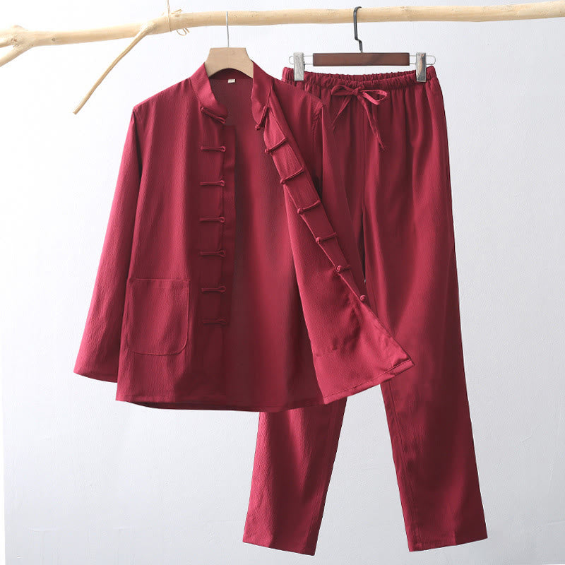 Buddha Stones 2-teiliger Tang-Anzug, traditioneller Froschknopf, Herren-Langarmshirt und Hose, Kleidungsset - Purpurrot - US/UK/AU44, EU54 (4XL) - image 14