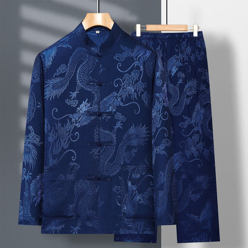 Buddha Stones 2-teiliger Tang-Anzug mit Drachen- und Frosch-Knopfleiste, langärmeliges Hemd und Hose, Bekleidungsset für Herren - Stahlblau - US/ UK/AU42，EU52 (3XL) - image 0