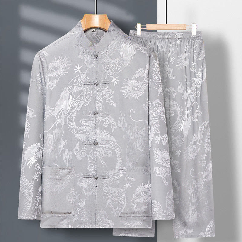 Buddha Stones 2-teiliger Tang-Anzug mit Drachen- und Frosch-Knopfleiste, langärmeliges Hemd und Hose, Bekleidungsset für Herren - Hellgrau - US/ UK/AU42，EU52 (3XL) - image 8