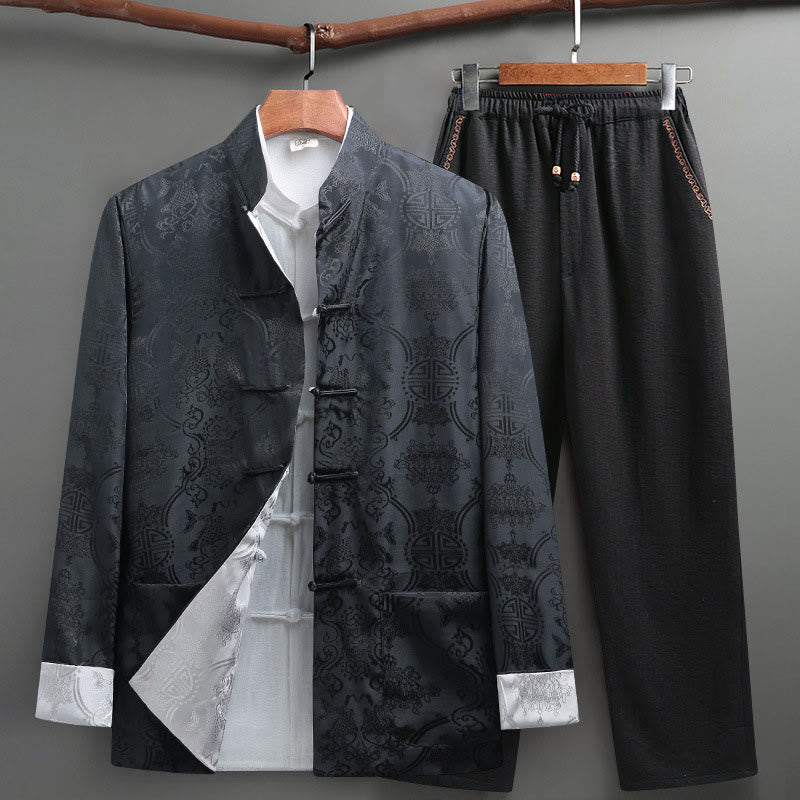 Buddha Stones 2-teiliger Tang-Anzug für Herren mit Koi-Fisch-Muster und Froschknöpfen, langärmelig, Hemd und Hose - Grau - US/ UK/AU42，EU52 (3XL) - image 0