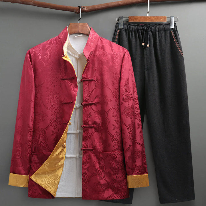 Buddha Stones 2-teiliger Tang-Anzug für Herren mit Koi-Fisch-Muster und Froschknöpfen, langärmelig, Hemd und Hose - Purpurrot - US/UK/AU42, EU52 (3XL) - image 16