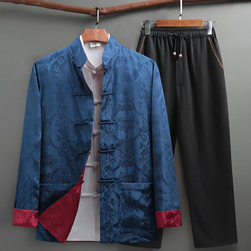 Buddha Stones 2-teiliger Tang-Anzug für Herren mit Koi-Fisch-Muster und Froschknöpfen, langärmelig, Hemd und Hose - KornblumeBlau - US/ UK/AU42，EU52 (3XL) - image 18