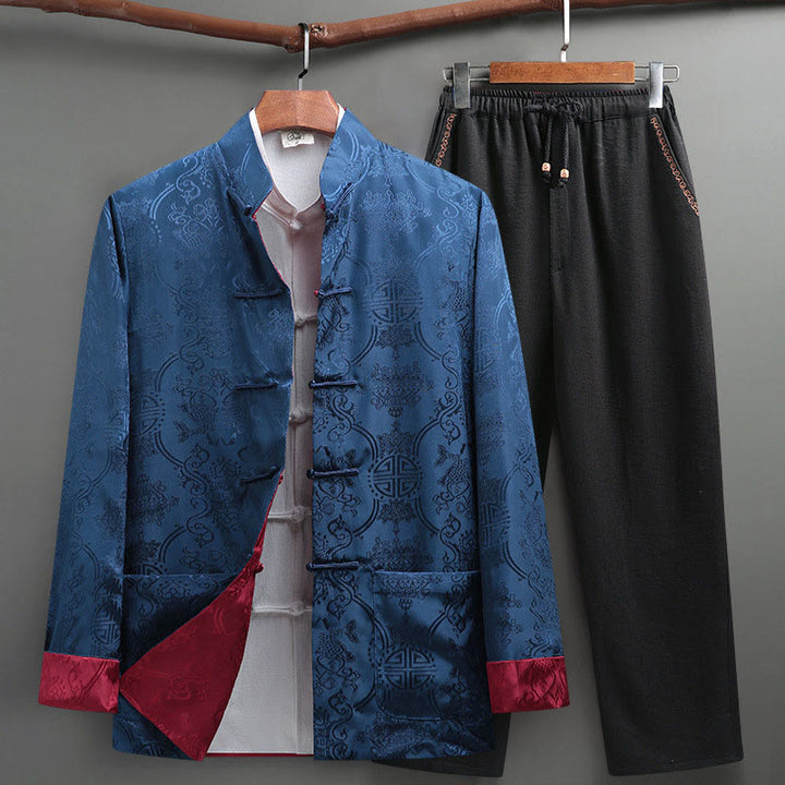 Buddha Stones 2-teiliger Tang-Anzug für Herren mit Koi-Fisch-Muster und Froschknöpfen, langärmelig, Hemd und Hose - KornblumeBlau - US/ UK/AU42，EU52 (3XL) - image 18