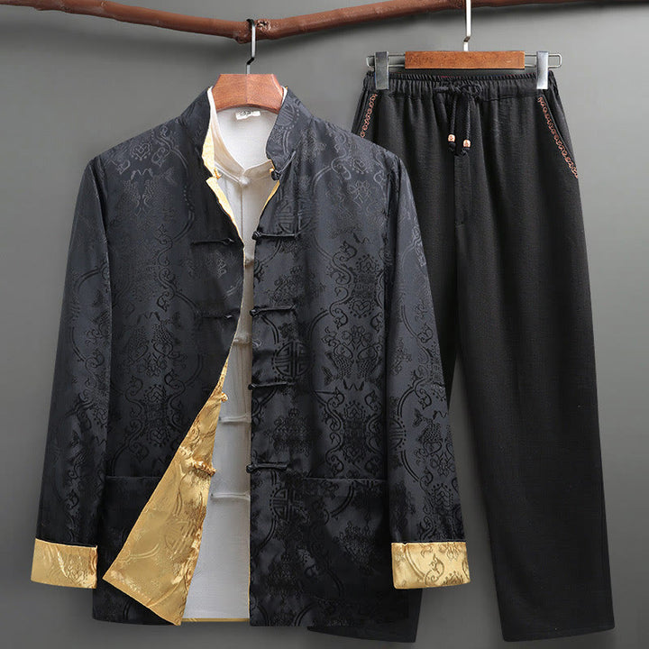 Buddha Stones 2-teiliger Tang-Anzug für Herren mit Koi-Fisch-Muster und Froschknöpfen, langärmelig, Hemd und Hose - Schwarz - US/ UK/AU42，EU52 (3XL) - image 24
