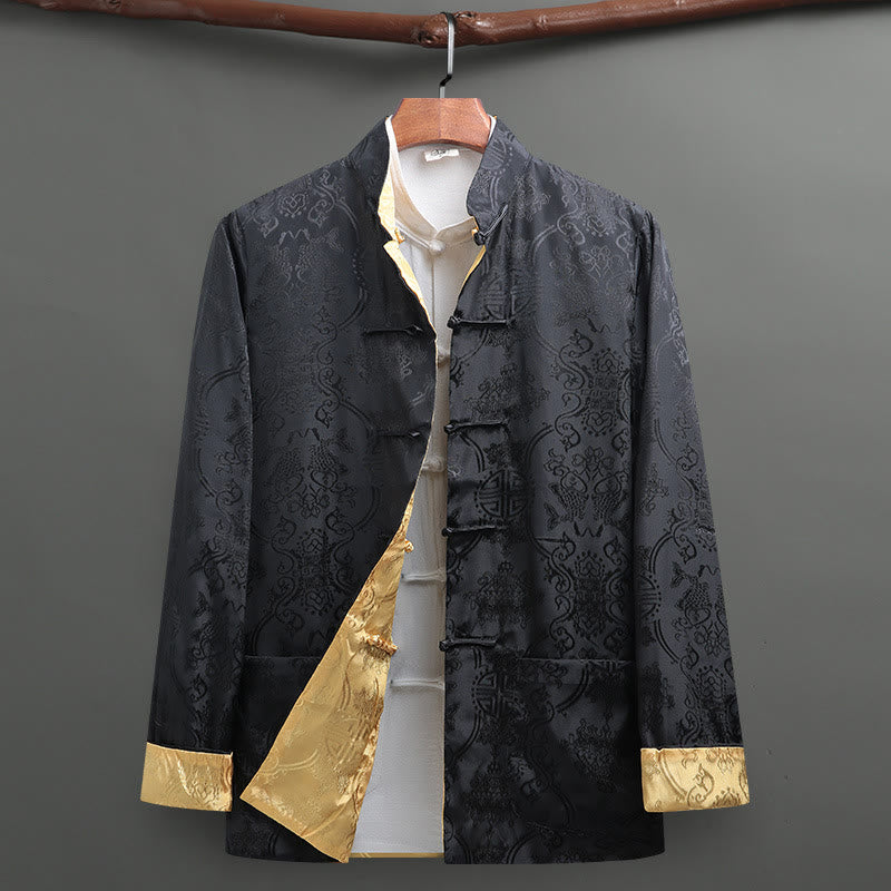 Buddha Stones Herren-Tang-Anzug mit Froschknopfleiste, Koi-Fisch-Muster, Langarmhemd mit Taschen - Schwarz - US/UK/AU42, EU52 (3XL) - image 0