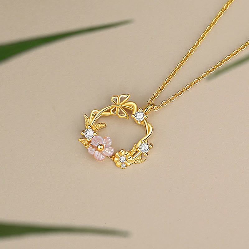 Buddha Stones 925 Sterling Silber Zirkonia Muschel Schmetterling Pfirsichblüte Segen Halskette Anhänger - image 2