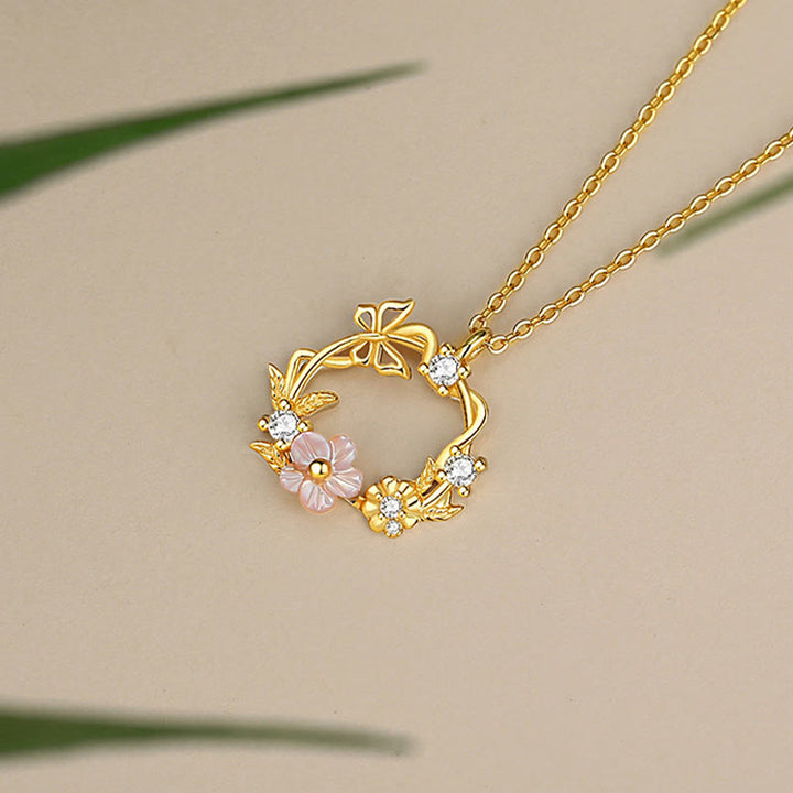 Buddha Stones 925 Sterling Silber Zirkonia Muschel Schmetterling Pfirsichblüte Segen Halskette Anhänger - image 2