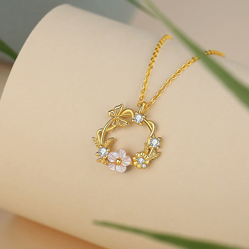 Buddha Stones 925 Sterling Silber Zirkonia Muschel Schmetterling Pfirsichblüte Segen Halskette Anhänger - image 3