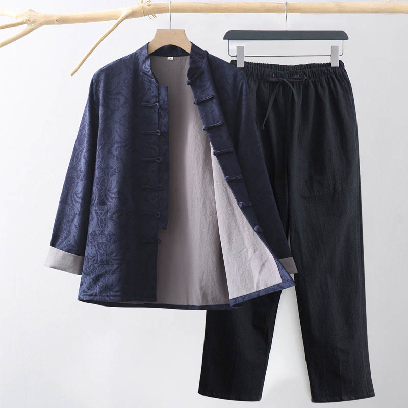 Buddha Stones 2-teiliger Tang-Anzug für Herren, Jacquard-Rebenmuster, Froschknopf, Baumwolle, Langarm, Hemd, Hose - SteelBlue - US/UK/AU44, EU54 (4XL) - image 0