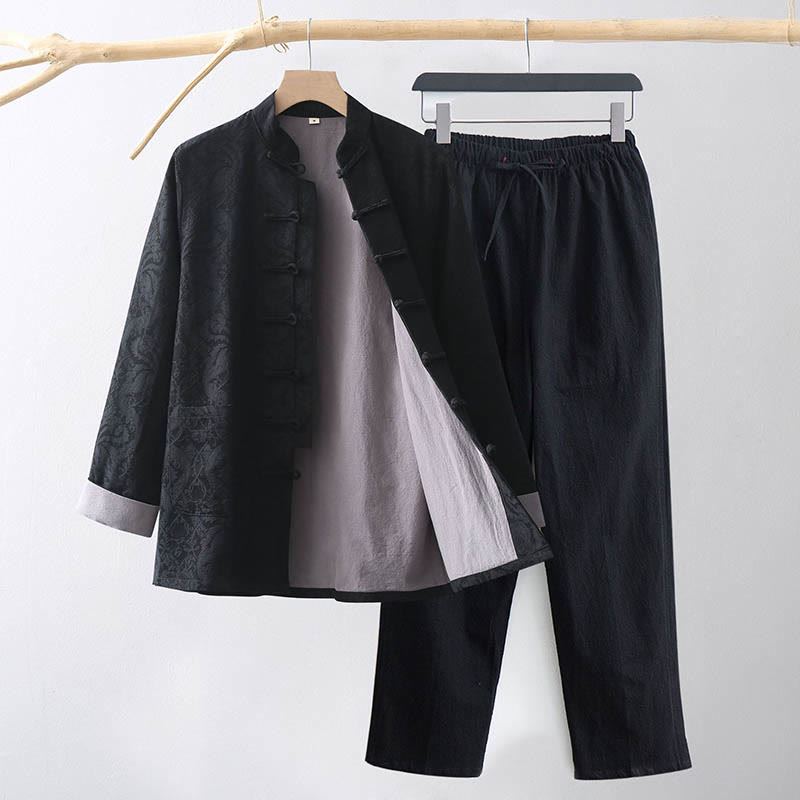 Buddha Stones 2-teiliger Tang-Anzug für Herren, Jacquard-Rebenmuster, Froschknopf, Baumwolle, Langarm, Hemd, Hose - Schwarz - US/ UK/AU44, EU54 (4XL) - image 10