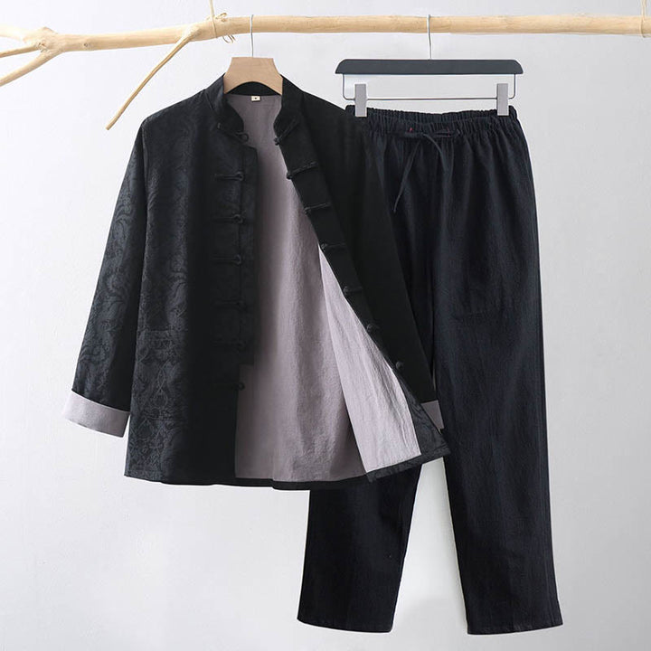 Buddha Stones 2-teiliger Tang-Anzug für Herren, Jacquard-Rebenmuster, Froschknopf, Baumwolle, Langarm, Hemd, Hose - Schwarz - US/ UK/AU44, EU54 (4XL) - image 10