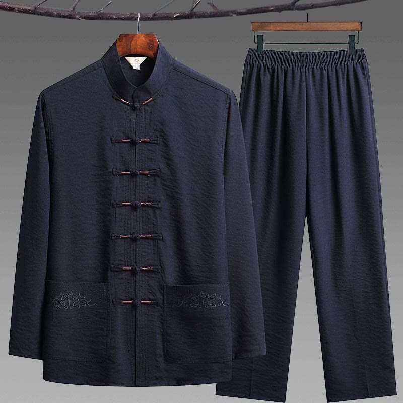 Buddha Stones 2-teiliger schlichter Tang-Anzug für Herren mit Froschknöpfen, langärmeliges Hemd und Hose - SteelBlue - 2-teiliges Set - US/UK/AU42, EU52 (4XL) - image 0