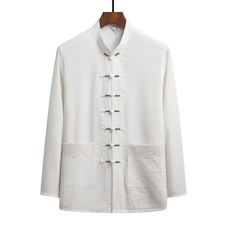 Buddha Stones 2-teiliger schlichter Tang-Anzug für Herren mit Froschknöpfen, langärmeliges Hemd und Hose - Weiß - Hemd - US/ UK/AU44, EU54 (4XL) - image 15