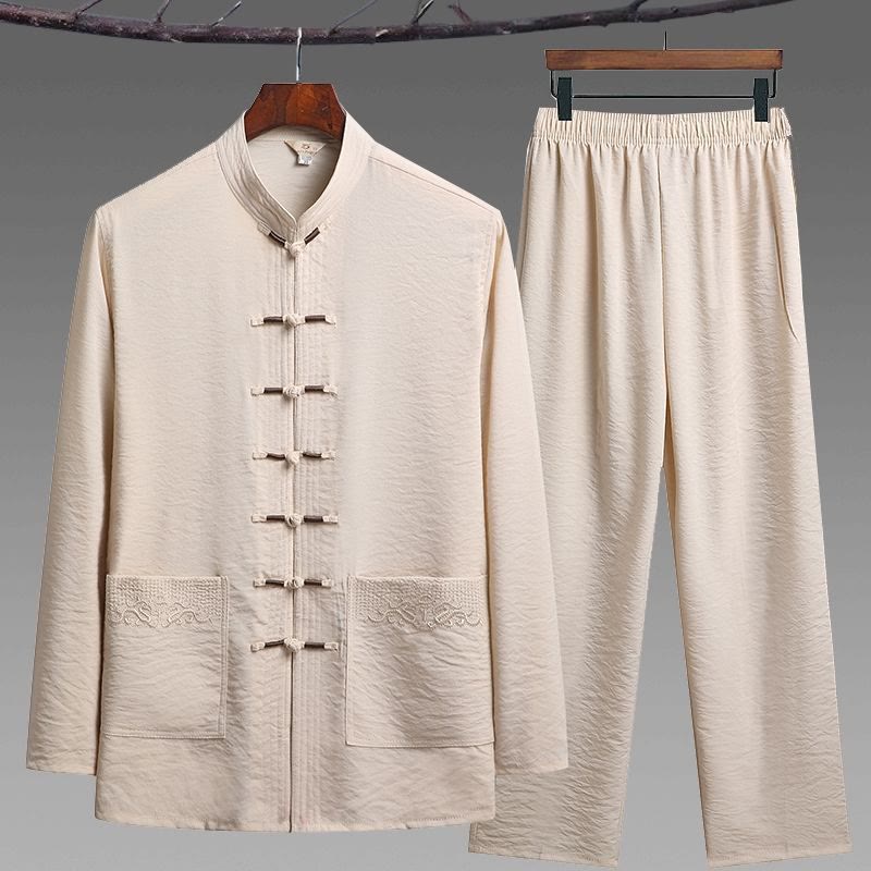 Buddha Stones 2-teiliger schlichter Tang-Anzug für Herren mit Froschknöpfen, langärmeliges Hemd und Hose - Biskuit - 2-teiliges Set - US/UK/AU42, EU52 (4XL) - image 16