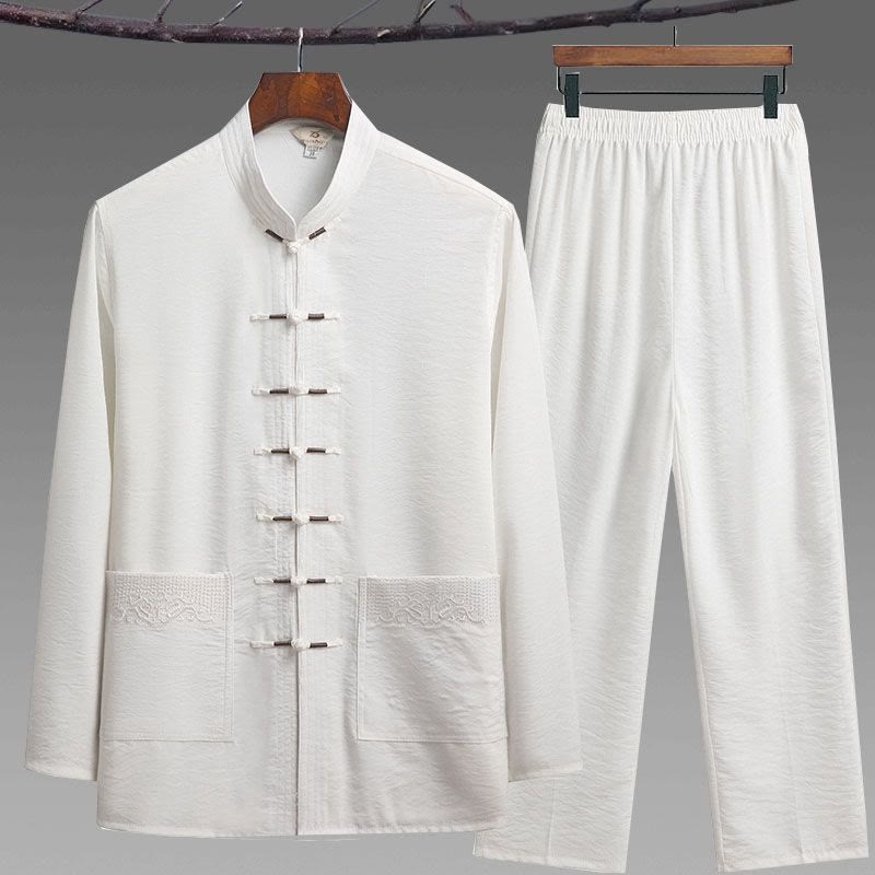 Buddha Stones 2-teiliger schlichter Tang-Anzug für Herren mit Froschknöpfen, langärmeliges Hemd und Hose - Weiß - 2-teiliges Set - US/UK/AU42, EU52 (4XL) - image 12
