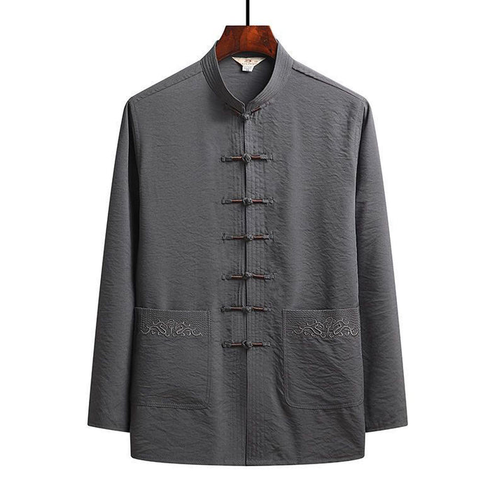 Buddha Stones 2-teiliger schlichter Tang-Anzug für Herren mit Froschknöpfen, langärmeliges Hemd und Hose - Grau - Hemd - US/UK/AU42, EU52 (4XL) - image 3