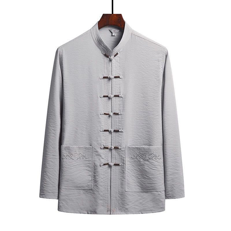 Buddha Stones 2-teiliger schlichter Tang-Anzug für Herren mit Froschknöpfen, langärmeliges Hemd und Hose - Hellgrau - Hemd - US/UK/AU42, EU52 (4XL) - image 11