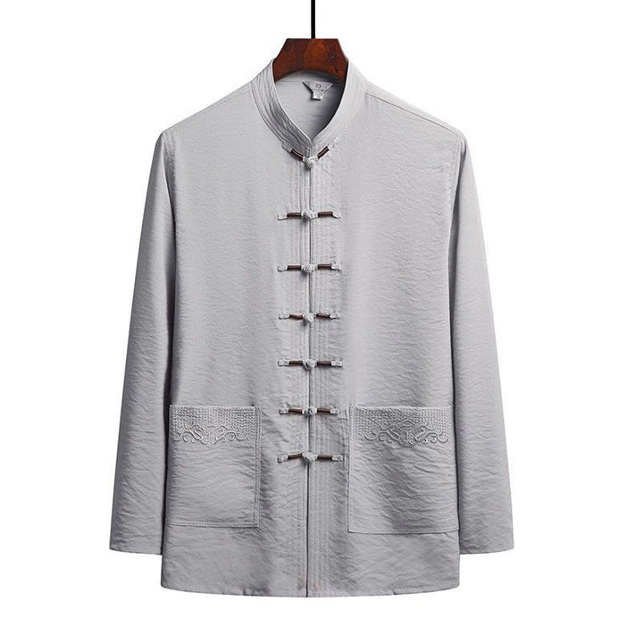 Buddha Stones 2-teiliger schlichter Tang-Anzug für Herren mit Froschknöpfen, langärmeliges Hemd und Hose - Hellgrau - Hemd - US/UK/AU42, EU52 (4XL) - image 11