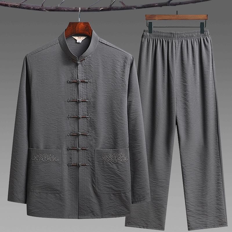 Buddha Stones 2-teiliger schlichter Tang-Anzug für Herren mit Froschknöpfen, langärmeliges Hemd und Hose - Grau - 2-teiliges Set - US/UK/AU42, EU52 (4XL) - image 2