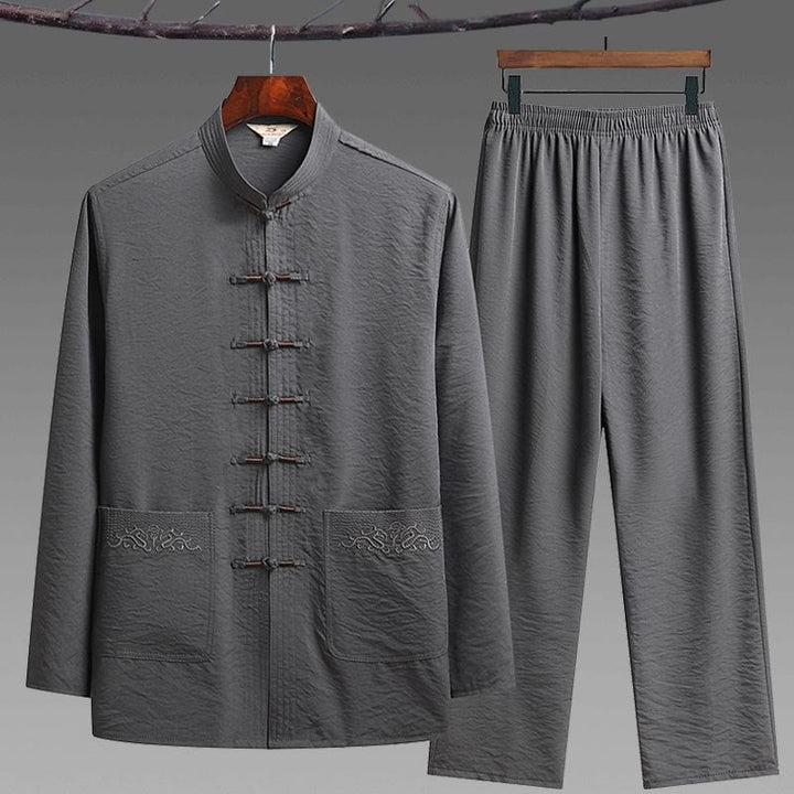 Buddha Stones 2-teiliger schlichter Tang-Anzug für Herren mit Froschknöpfen, langärmeliges Hemd und Hose - Grau - 2-teiliges Set - US/UK/AU42, EU52 (4XL) - image 2