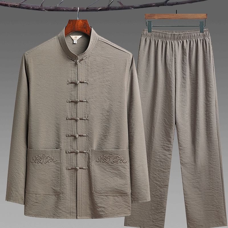 Buddha Stones 2-teiliger schlichter Tang-Anzug für Herren mit Froschknöpfen, langärmeliges Hemd und Hose - Bräunen - 2-teiliges Set - US/UK/AU42, EU52 (4XL) - image 14