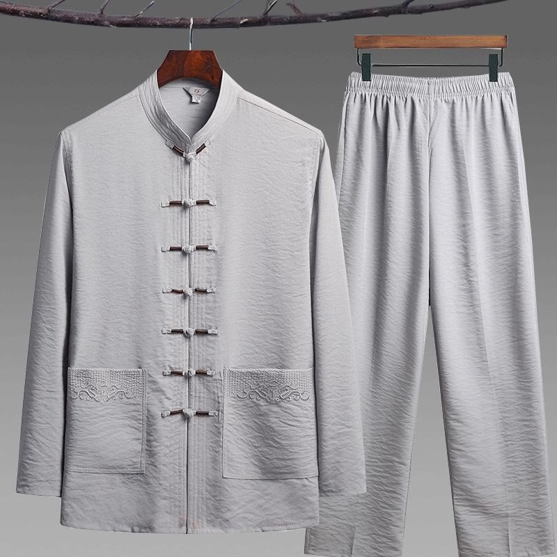 Buddha Stones 2-teiliger schlichter Tang-Anzug für Herren mit Froschknöpfen, langärmeliges Hemd und Hose - Hellgrau - 2-teiliges Set - US/UK/AU42, EU52 (4XL) - image 10