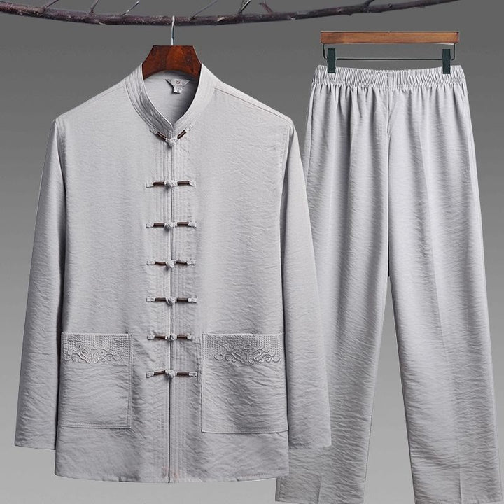 Buddha Stones 2-teiliger schlichter Tang-Anzug für Herren mit Froschknöpfen, langärmeliges Hemd und Hose - Hellgrau - 2-teiliges Set - US/UK/AU42, EU52 (4XL) - image 10