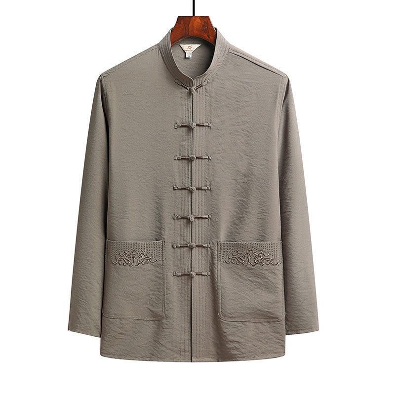 Buddha Stones 2-teiliger schlichter Tang-Anzug für Herren mit Froschknöpfen, langärmeliges Hemd und Hose - Bräunen - Hemd - US/UK/AU42, EU52 (4XL) - image 15