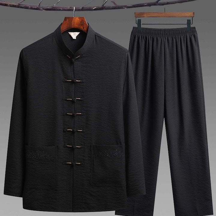 Buddha Stones 2-teiliger schlichter Tang-Anzug für Herren mit Froschknöpfen, langärmeliges Hemd und Hose - Schwarz - 2-teiliges Set - US/UK/AU42, EU52 (4XL) - image 8