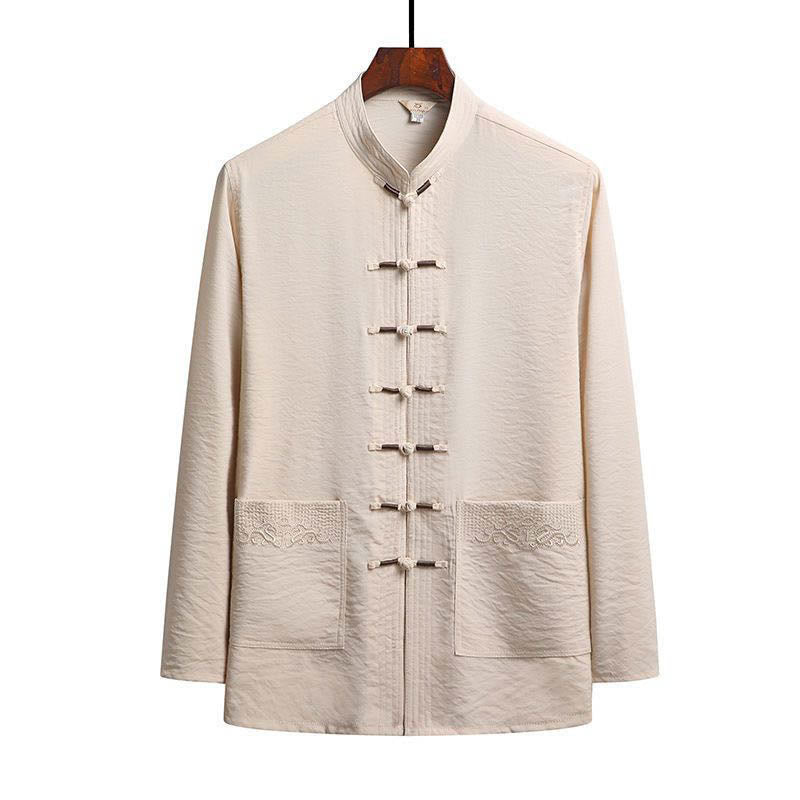 Buddha Stones 2-teiliger schlichter Tang-Anzug für Herren mit Froschknöpfen, langärmeliges Hemd und Hose - Bisque - Hemd - US/ UK/AU44，EU54 (4XL) - image 19