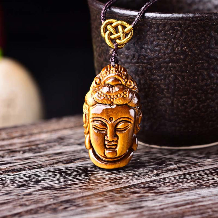 Buddha Stones Tigerauge Kwan Yin Avalokitesvara Kopf String Stärke Halskette Anhänger