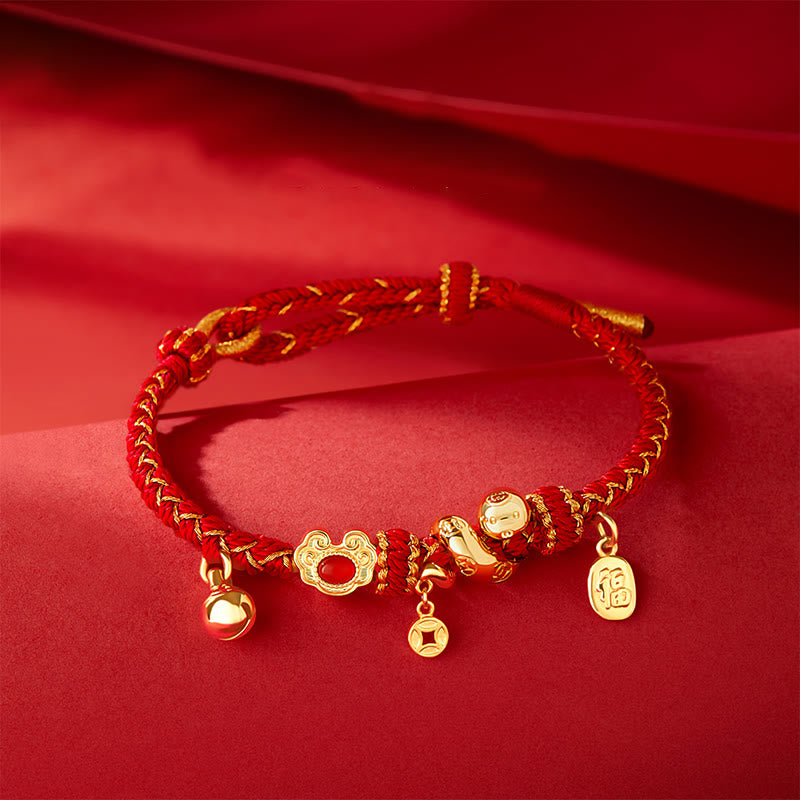 Buddha Stones, rote Schnur, roter Achat, Fu-Charakter, Jahr der Schlange, Schutz, geflochtenes Armband