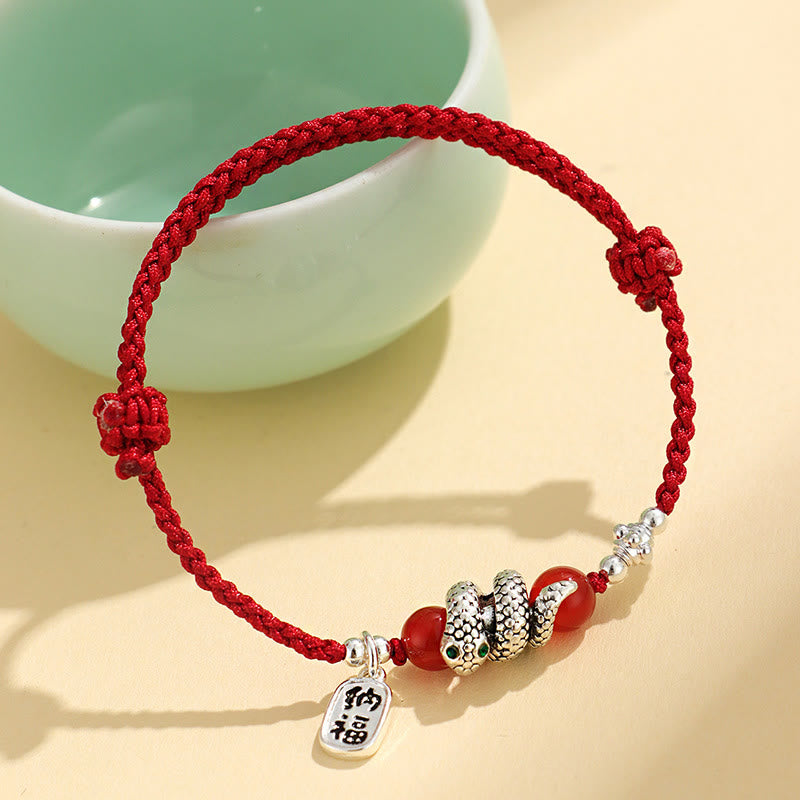 Buddha Stones Kupfer Fu Charakter Jahr der Schlange Rote Schnur Glück Armband