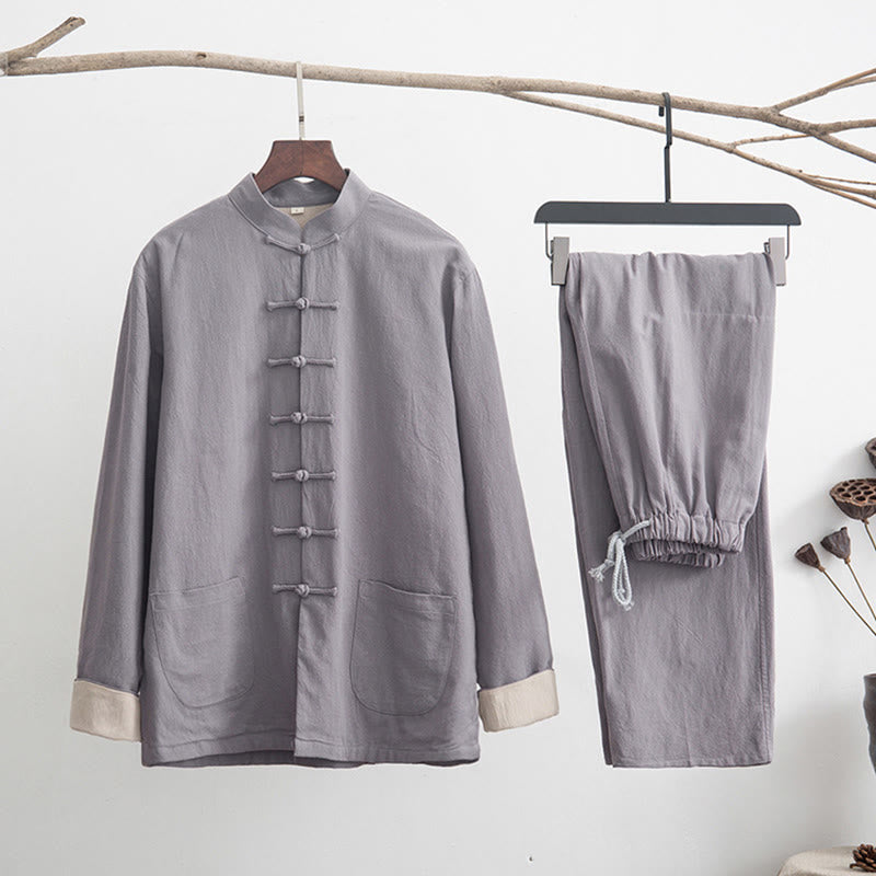 Buddha Stones 2-teiliger Zen-Tang-Anzug für Herren aus Leinen mit Froschknöpfen, langärmeliges Hemd und Hose - Grau - US/ UK/AU44，EU54 (4XL) - image 0