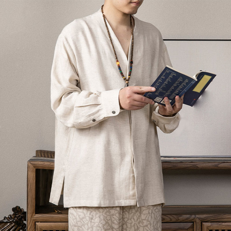 Buddha Stones V-Ausschnitt Herren Leinen Langarmhemd Zen Kleidung - image 11