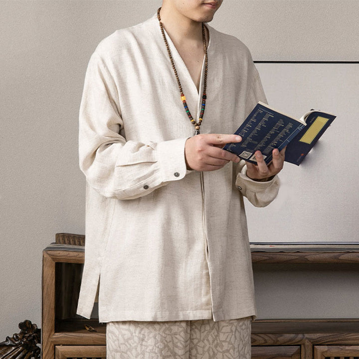 Buddha Stones V-Ausschnitt Herren Leinen Langarmhemd Zen Kleidung - image 11