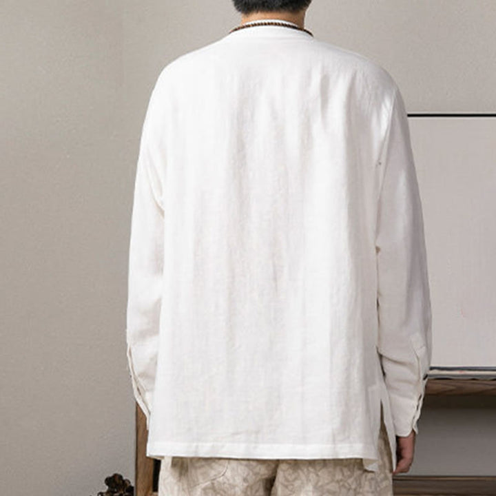 Buddha Stones V-Ausschnitt Herren Leinen Langarmhemd Zen Kleidung - image 4