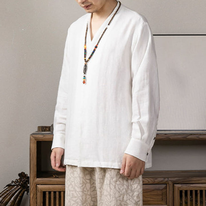 Buddha Stones V-Ausschnitt Herren Leinen Langarmhemd Zen Kleidung - image 2