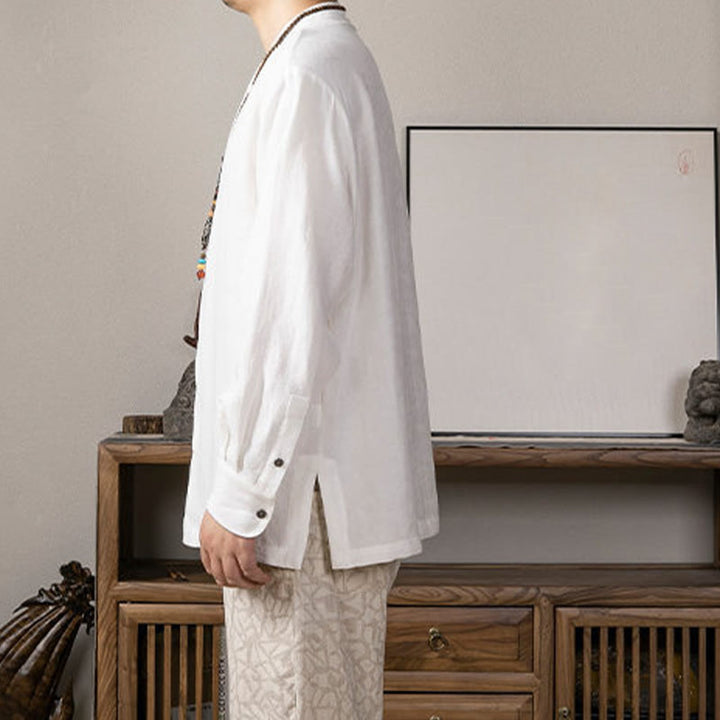 Buddha Stones V-Ausschnitt Herren Leinen Langarmhemd Zen Kleidung - image 3