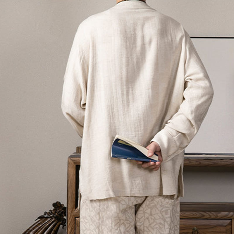 Buddha Stones V-Ausschnitt Herren Leinen Langarmhemd Zen Kleidung - image 14