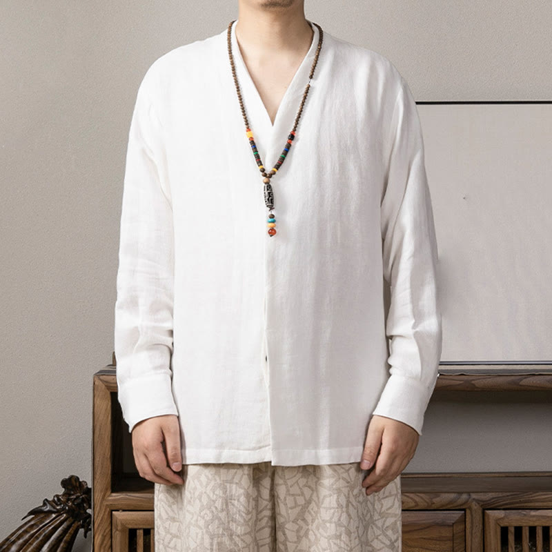 Buddha Stones V-Ausschnitt Herren Leinen Langarmhemd Zen Kleidung - Weiß - US/UK/AU44, EU54 (4XL) - image 0