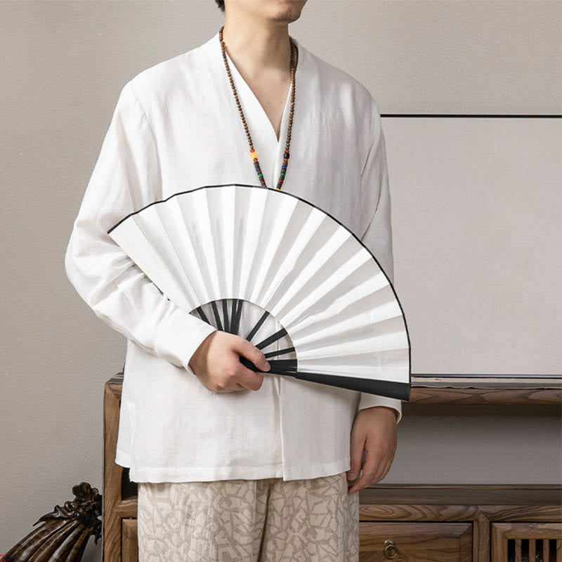 Buddha Stones V-Ausschnitt Herren Leinen Langarmhemd Zen Kleidung - image 1