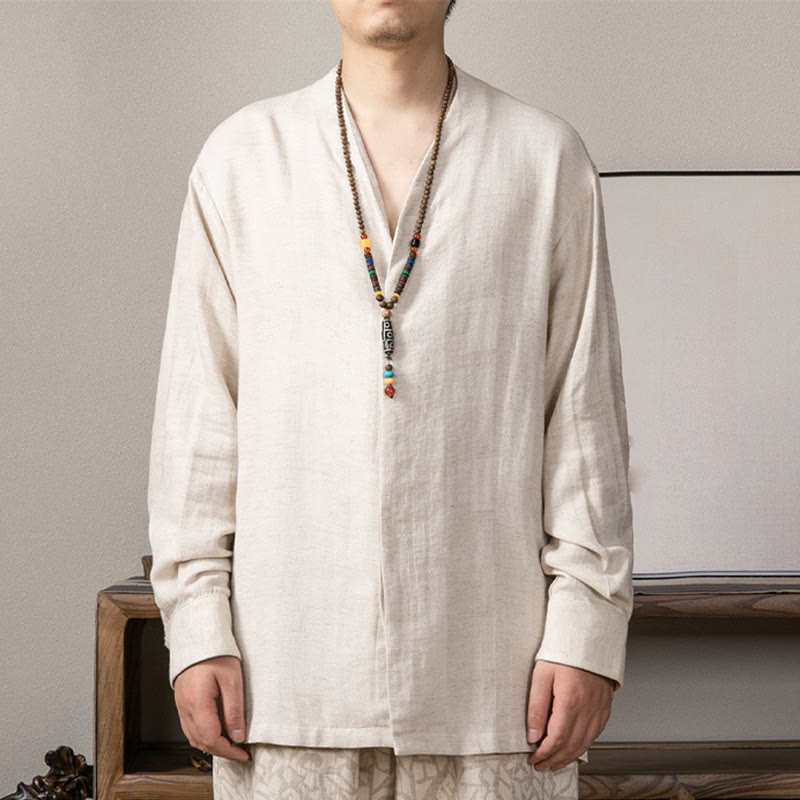 Buddha Stones V-Ausschnitt Herren Leinen Langarmhemd Zen Kleidung - Leinen - US/ UK/AU44，EU54 (4XL) - image 10