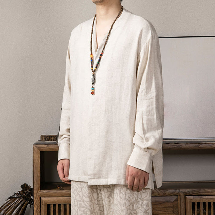 Buddha Stones V-Ausschnitt Herren Leinen Langarmhemd Zen Kleidung - image 12