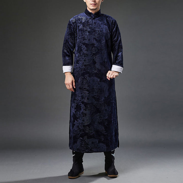 Buddha Stones Vintage Herbst Winter Chinesischer Tang-Anzug mit Froschknöpfen, Jacquard-Robe für Herren mit Drachenmotiv und Taschen