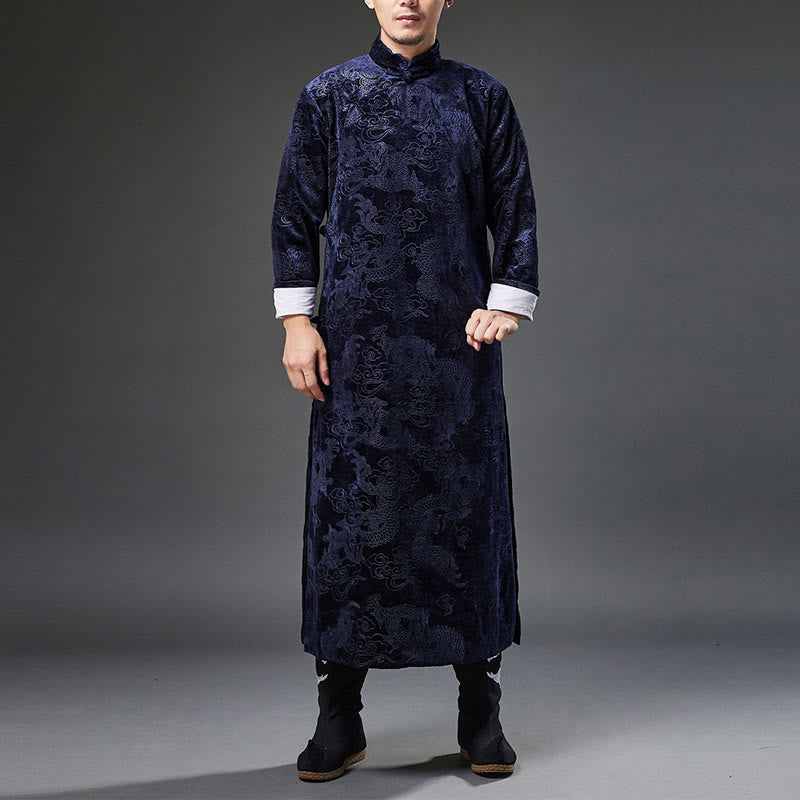 Buddha Stones Vintage Herbst Winter Chinesischer Tang-Anzug mit Froschknöpfen, Jacquard-Robe für Herren mit Drachenmotiv und Taschen - Hellstahlblau - US/ UK/AU 38, EU 48 (XL) - image 0
